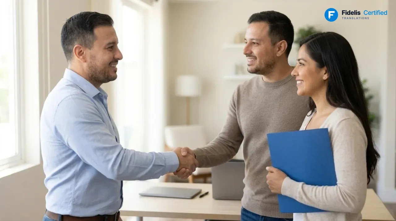 Jorge Cardona shaking hands with a client after delivering a certified translation