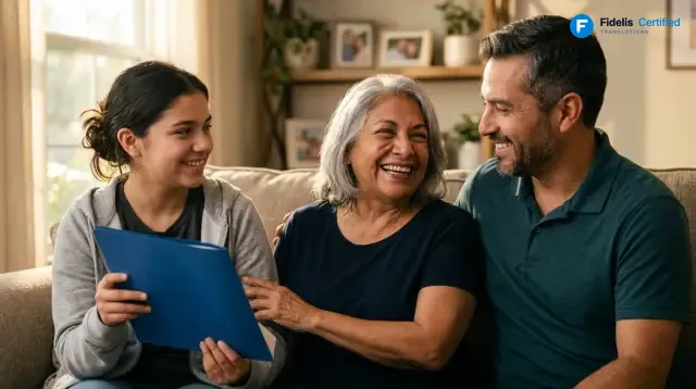 A three-generation family holding their certified translation in a Fidelis blue folder