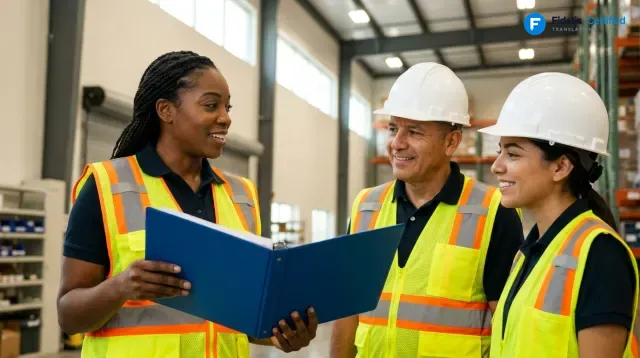 A team at a company reviewing a translated manual in a Fidelis blue folder